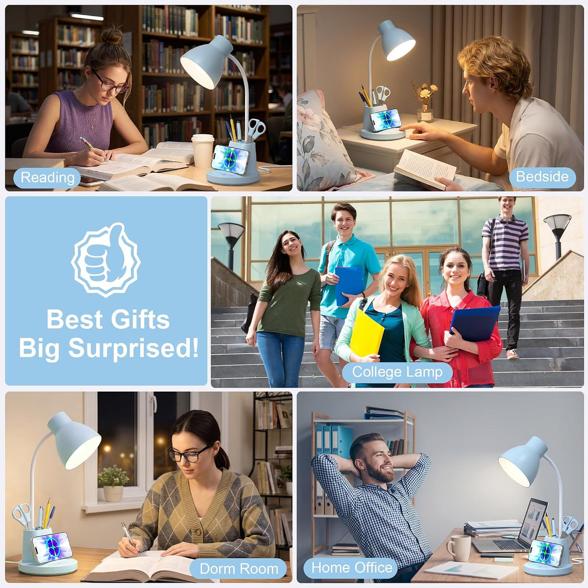 10W Wireless Charging LED Desk Lamp with Pen Holder, CRI 95, Blue