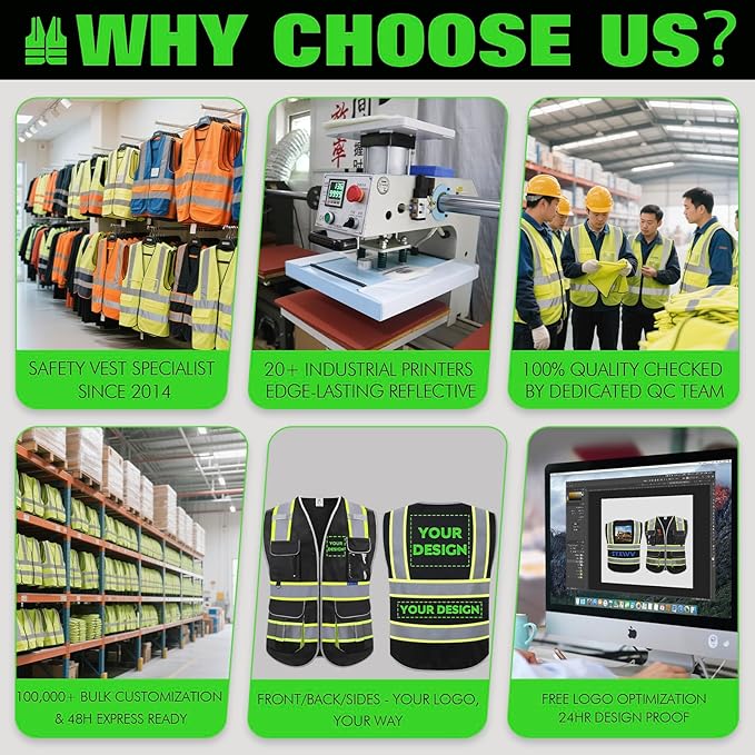 BeautyWill Custom Logo 10 Pockets Safety Vest Class2 ANSI Certified High Visibility Reflective Vest