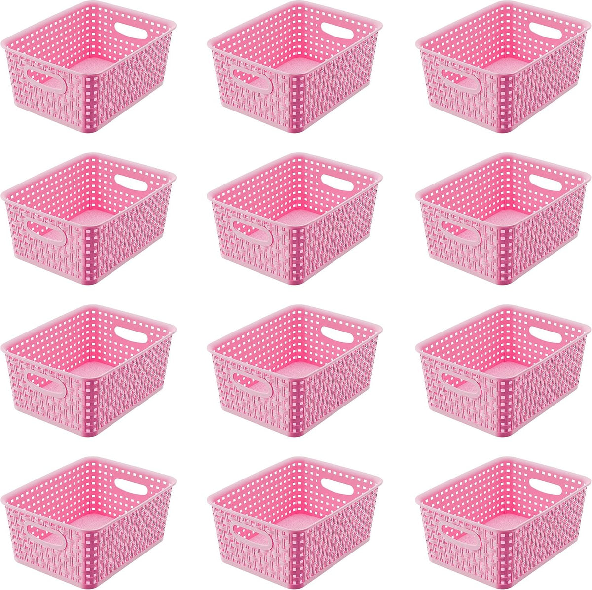Plastic Storage Baskets/Bins, 12-Pack Stackable Pink Basket Organizer for Bathrooms, Kitchens, Countertops and Bedrooms