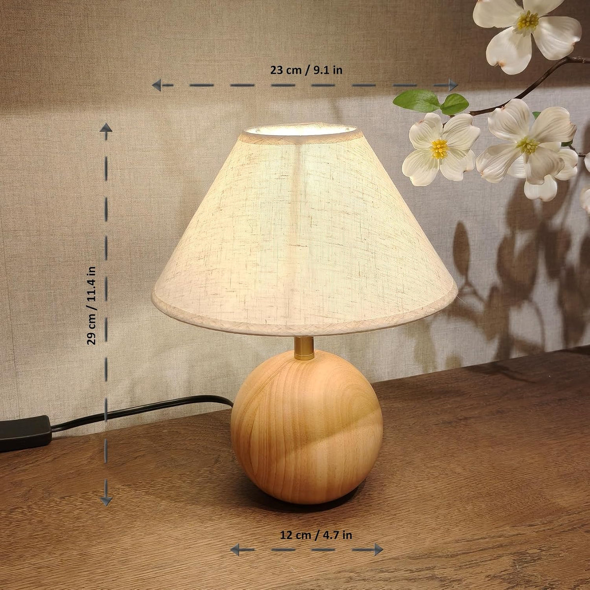 Wood Table Lamp for Bedroom, Flaxen Fabric Shade Small Desk Lamp for Living Room,Décor Ambient Bedside Lamps for Night Stands,LED Bulb (not Included)