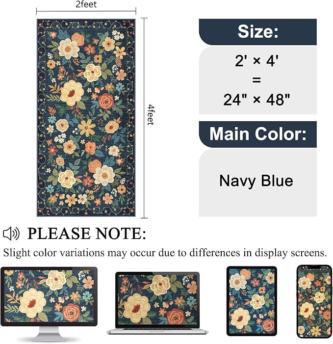 DUKINO 2x4 Rug for Entryway, Washable Kitchen Floral Runner Rug
