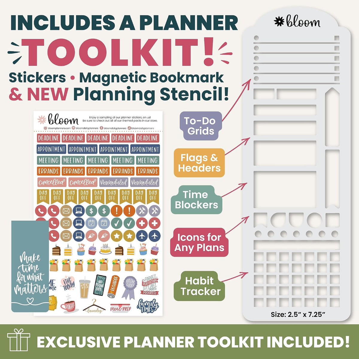 bloom daily planners 2027 HARDCOVER Planner & Stencil - 8.5” x 11" Calendar Year (January - December) Task Goal Planner for Women - Monthly & Weekly Inspirational Agenda Book with Stickers - A New Day