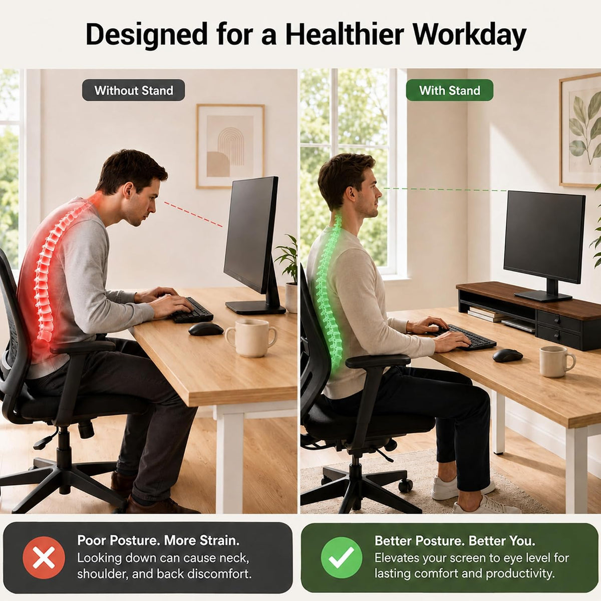 Dual Monitor Stand, 42.5 Inch Wood Monitor Riser with Drawers, 2 Tier Desktop Organizer for Computer Laptop TV, Large Screen Stand for Home Office Desk