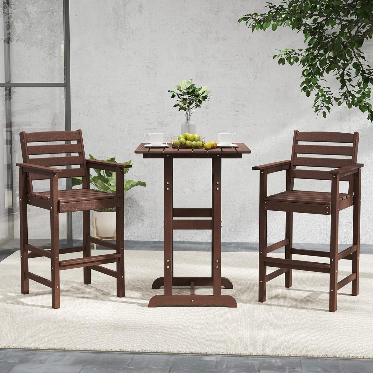 Tangkula Patio Adirondack Chairs Set of 2, HDPE Bar Height Chair with Wide Armrests & Footrest, Outdoor High-Top Slatted Bar Chairs with Backrest for Backyard, Lawn, Poolside (Brown)
