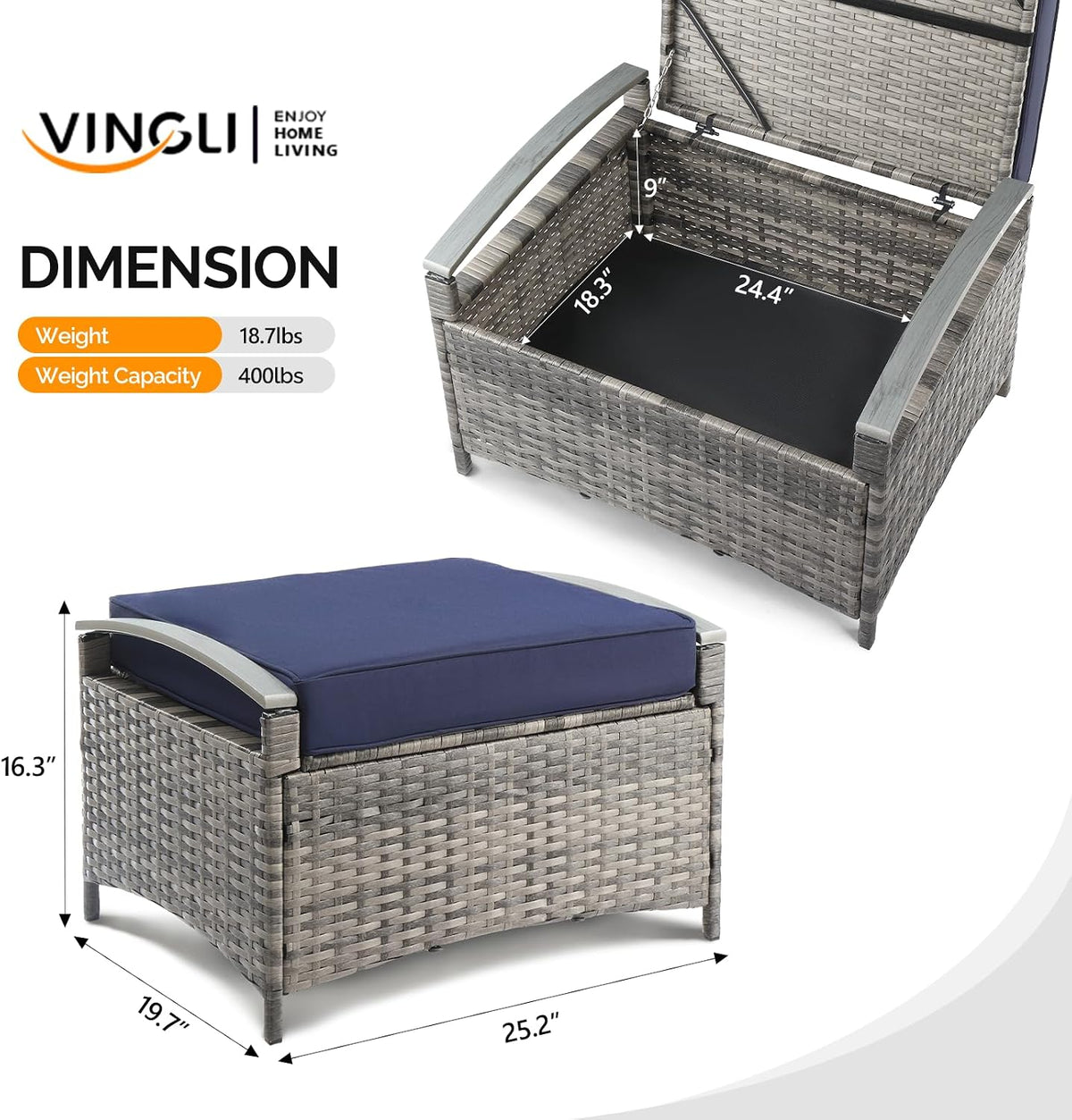 VINGLI 2 Pieces Rattan Ottoman with Storage, Wicker Patio Furniture w/Removable Cushion, Multipurpose Footrest Stool for Outdoor (Classic Gray)