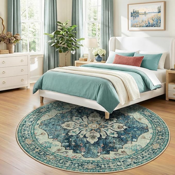 RELEANY Area Rugs Round 8ft Washable Non-Slip, Floral Vintage Distress