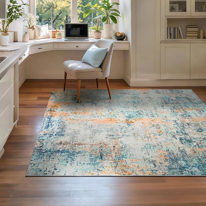 Entryway Rug 3x5 Blue Bedroom Area Rug Washable Non Slip Abstract Boho Rugs