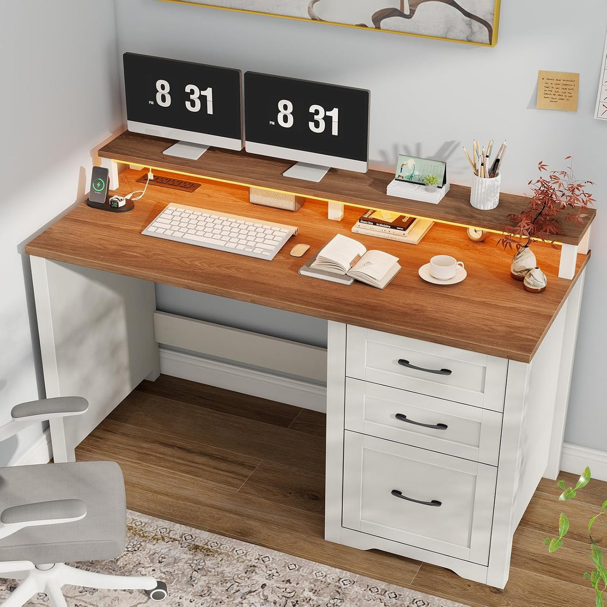 Vabches 47" Farmhouse Executive Desk with 3 Drawers,LED Lights,Unique White