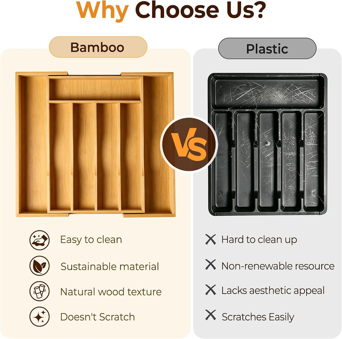 2-Piece Bamboo Silverware Organizer, Expandable Kitchen Drawer Organizer for Cutlery and Utensils, Multifunction Adjustable Bamboo Wood Cutlery Tray in Drawer for Flatware, (Natural)