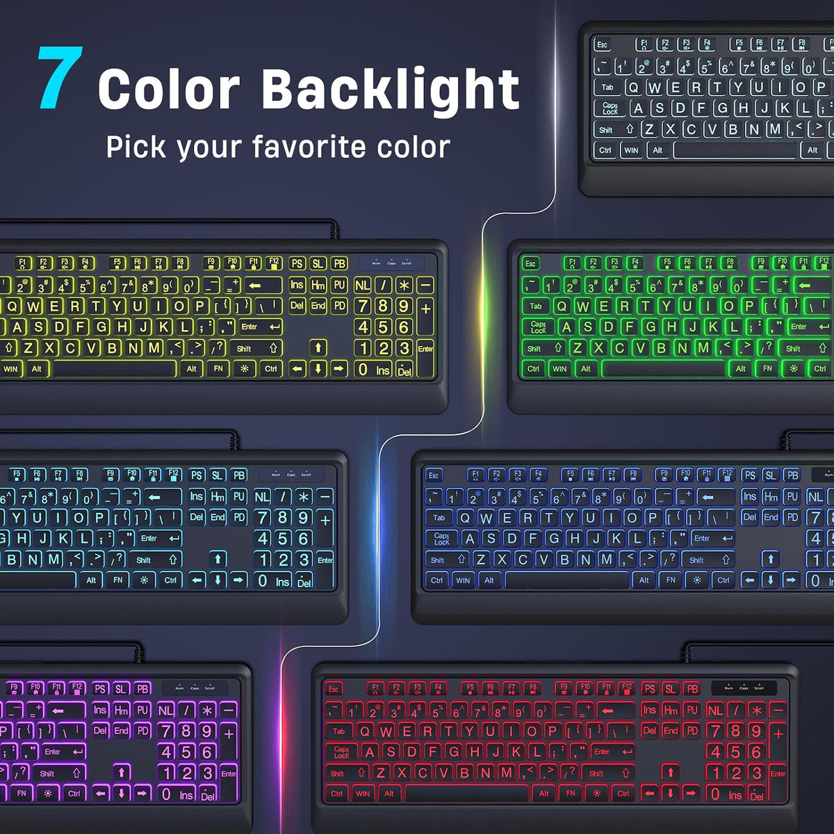 Luzarriba Large Print Backlit Computer Keyboards, 7 Colors Backlight USB Keyboard, Plug-and-Play, Foldable Stands, Corded Full Size Keyboard for Windows, PC, Laptop (Black, Large)