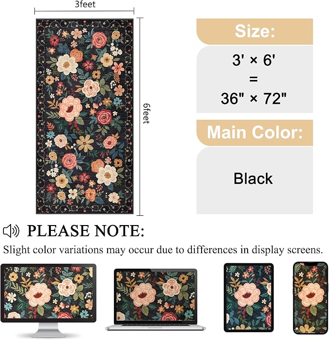 DUKINO 3x6 Runner Rug, Washable Soft Floral Hallway Runner Rug