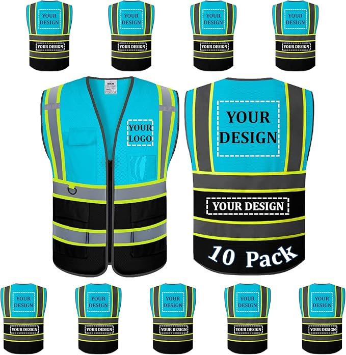 BeautyWill 10 Pack Custom Mesh Safety Vest Customized Logo Class2 High Visibility Reflective Vest with Pockets Construction workwear（Blue Black，3XL ）