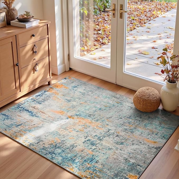 Entryway Rug 3x5 Blue Bedroom Area Rug Washable Non Slip Abstract Boho Rugs