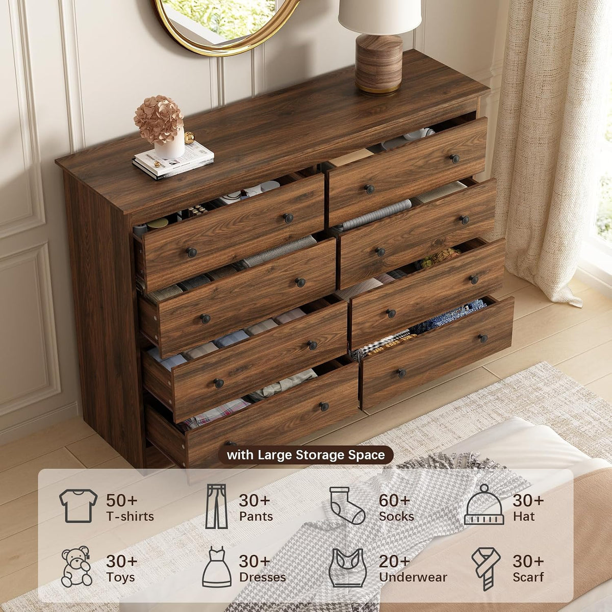 LYNSOM Modern 8 Drawer Dresser, 51.2" Wide Dressers & Chests of Drawers with Large Capacity Storage, Wood Mid Century Storage Dressers Organizer for Bedroom, Brown