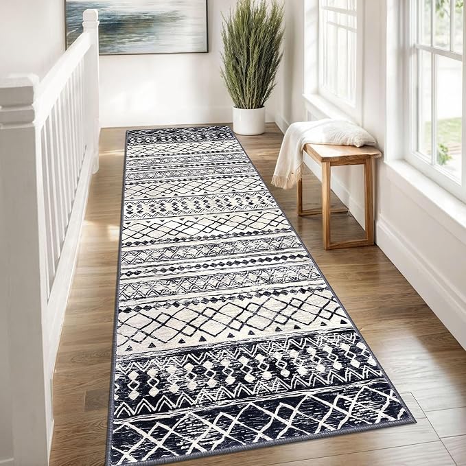 KUTA Moroccan Kitchen Rugs 3x8, Non-Slip Vintage Black Navy Blue Boho Hallway