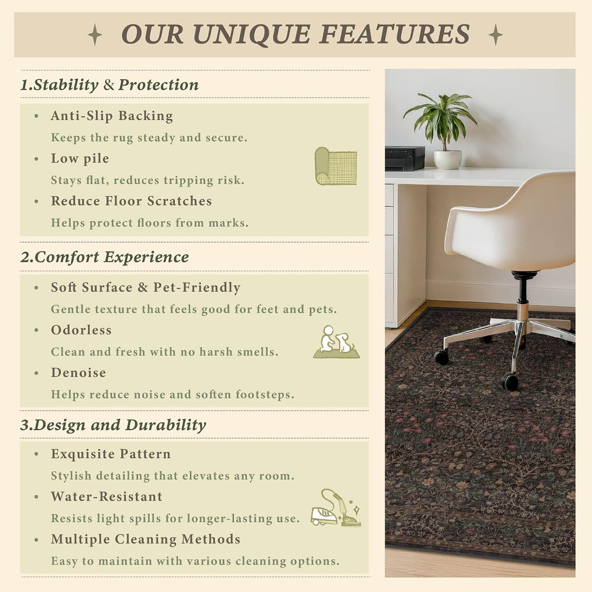 JTJ Office Chair Mat for Hardwood Floors, 36" x 48" Dark Brown Floral Rug