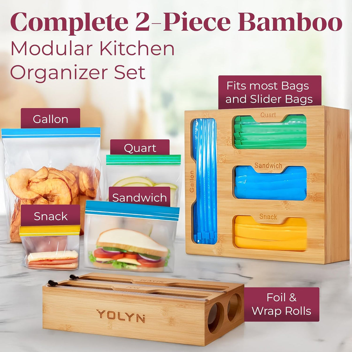 Bamboo Food Storage Bag Organizer for Drawer with Foil & Plastic Wrap Dispenser – Premium Detachable Kitchen Organizer for Gallon, Quart & Sandwich Bags