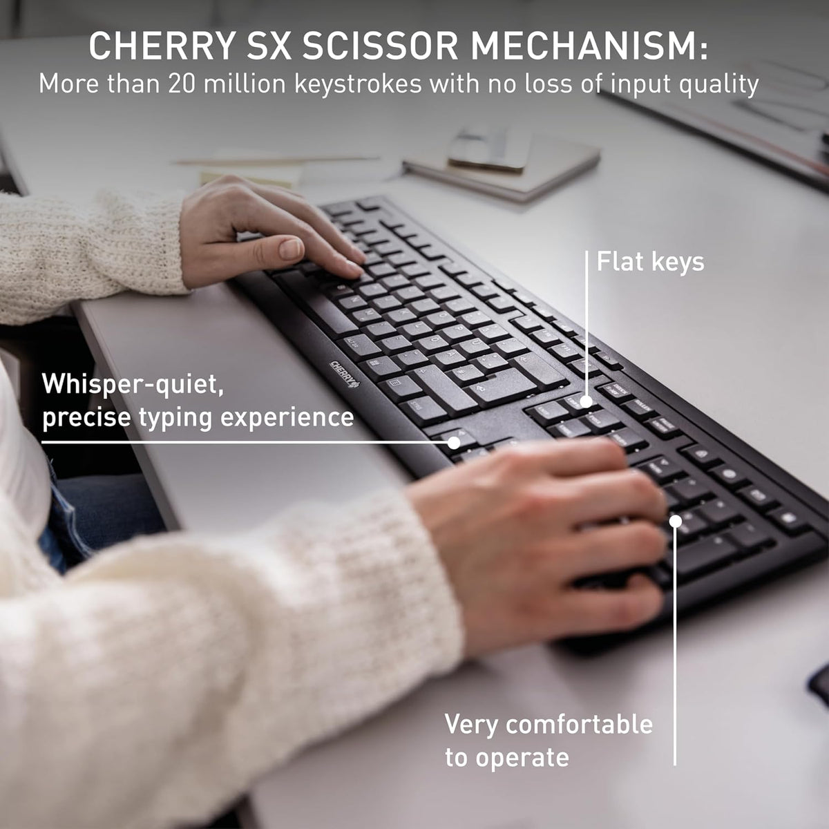 Cherry Stream Keyboard Wireless, Cordless Keyboard, 2,4 GHz Connection, Whisper Quiet Keys, Slim Design, Battery-Powered, SX Scissor Switches, QWERTY, Black