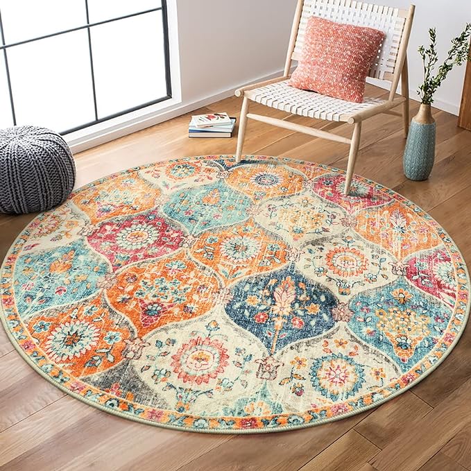 Lahome Round Moroccan Washable Rug, Soft Vintage Small Round Rug 3ft Non-Slip