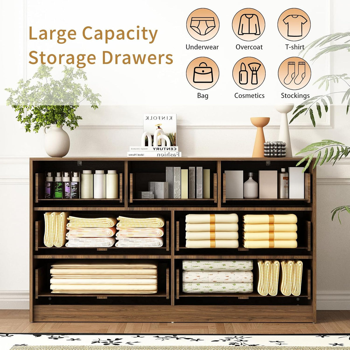7 Drawer Fluted Dresser with Deep Drawers for Bedroom, Walnut丨55 Wide Mid Century Dresser, Modern Chest of Drawers, Wood TV Stand Storage Organizer for Closet, Living Room, Hallway