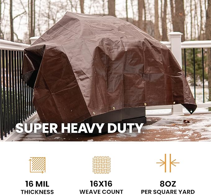 WHITEDUCK Super Heavy Duty Poly Tarp Cover 16 Mil & 10 Mil with Grommets and Reinforced Edges (Brown, White & Silver Black) (Brown- 16 Mil, 30' x 40')