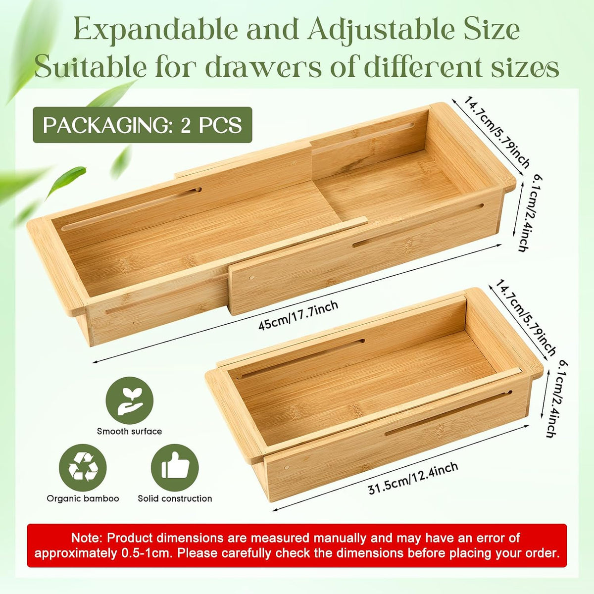 LemonRoad 2 Pcs Sliding Drawer Organizer Bamboo, Wood, 12.4-17.7 Inch