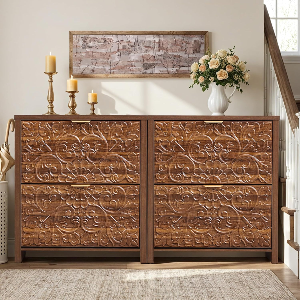 Shoe Cabinet with Flip Drawers, Narrow Shoe Storage Cabinet, 2-Tier Hidden Shoe Organizer with Floral Embossed for Entryway, Mid-Century Modern Slim Shoes Storage for Hallway Foyer (1, Walnut)
