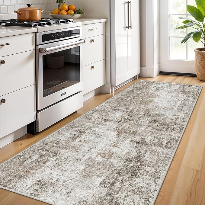 3x7 Washable Non-Slip Kitchen Runner Rug – Modern Abstract Neutral Beige & Gray