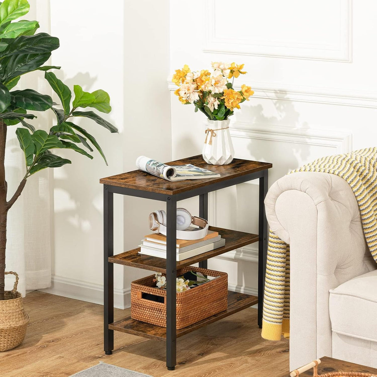 HOOBRO End Table, Simple Rustic Side Table with 3-Tier Storage Shelf, Narrow Nightstand for Small Spaces, for Living Room, Bedroom,Easy Assembly, Industrial Design, Rustic Brown and Black BF14BZ01