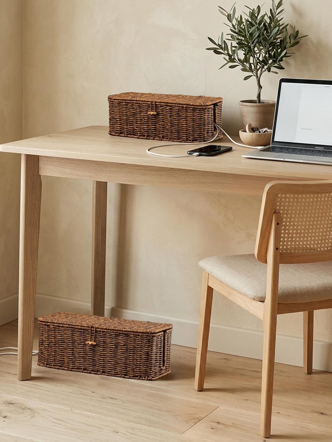 Cable Management Box, Cord Organizer with Lid & Cable Ties - Brown Set