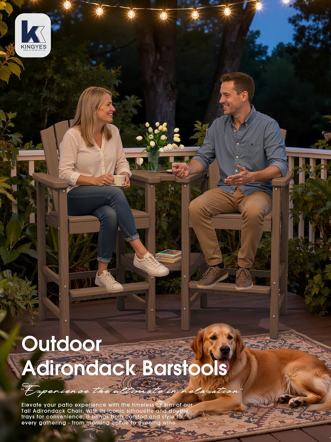KINGYES Tall Adirondack Chair Set of 2 with Double Connecting Trays, Brown