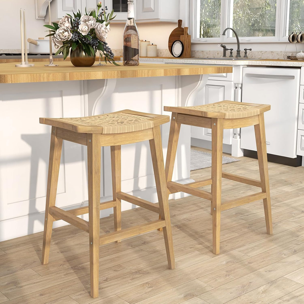 Tangkula Wood Bar Stool Set of 4, 29” Patio Rattan Acacia Barstool with Footrest & Saddle Seat, Boho Bar Height Stool for Indoors Outdoors, Bar Chair for Deck, Garden & Poolside, Natural (4)