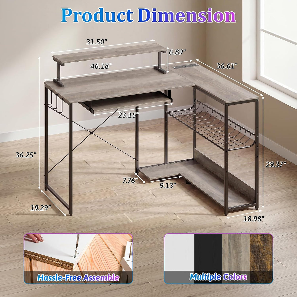 L Shaped Gaming Desk with Power Outlets & RGB LED Lights, 46" Corner Computer Table with Monitor Stand, Keyboard Tray, Storage Shelves & CPU Stand, Home Office Desk for Small Spaces, Grey