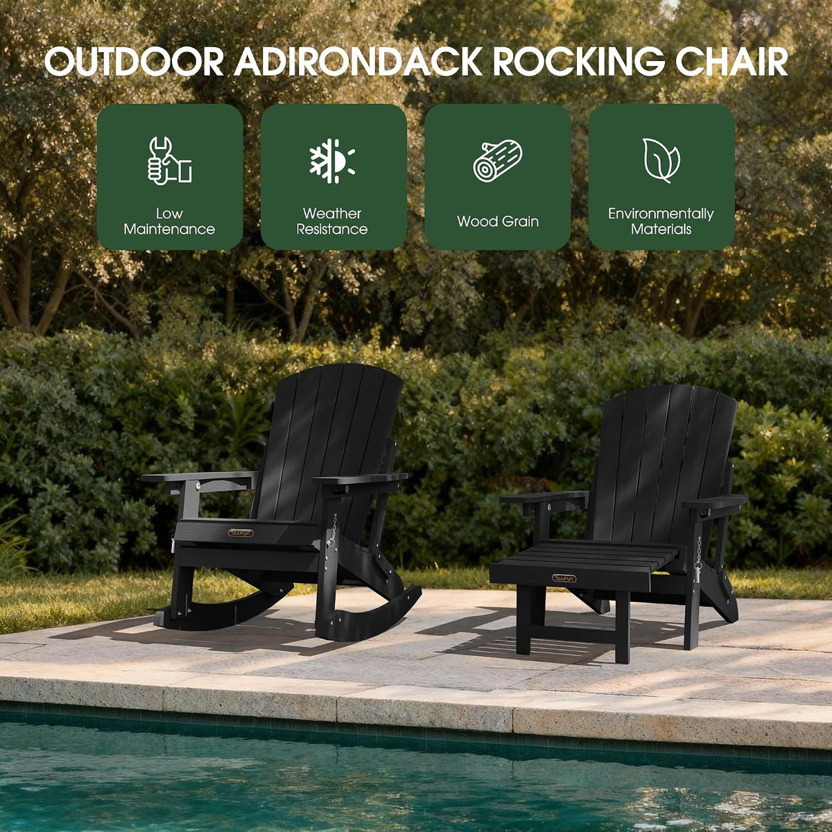 4-in-1 Rocking Adirondack Chair Set of 2, HDPE, Footrest, Black
