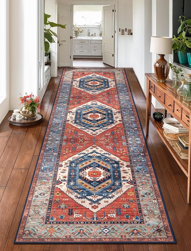 SERISSA Runner Rug for Hallways, Long Boho Rug Vintage Rust Hallway Stair Ultra