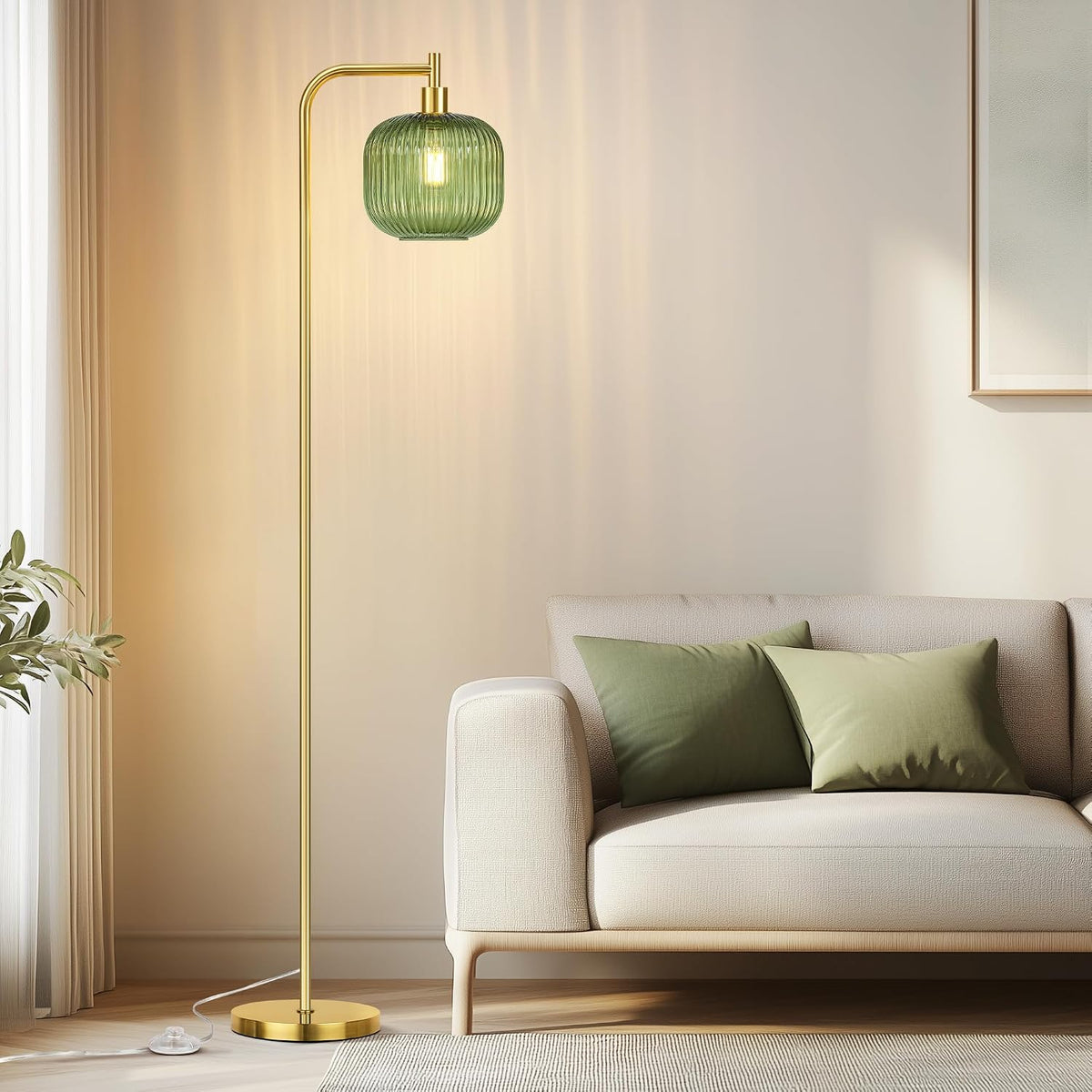 Modern Green Glass Floor Lamp for Living Room, Standing Lamp for Bedroom