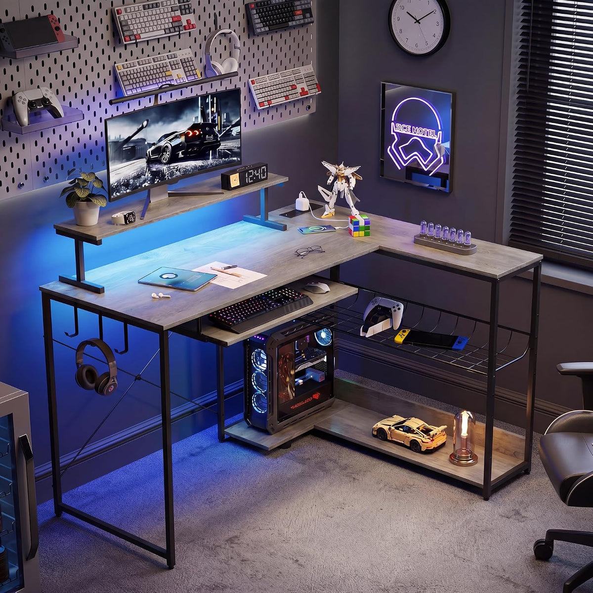 L Shaped Gaming Desk with Power Outlets & RGB LED Lights, 46" Corner Computer Table with Monitor Stand, Keyboard Tray, Storage Shelves & CPU Stand, Home Office Desk for Small Spaces, Grey