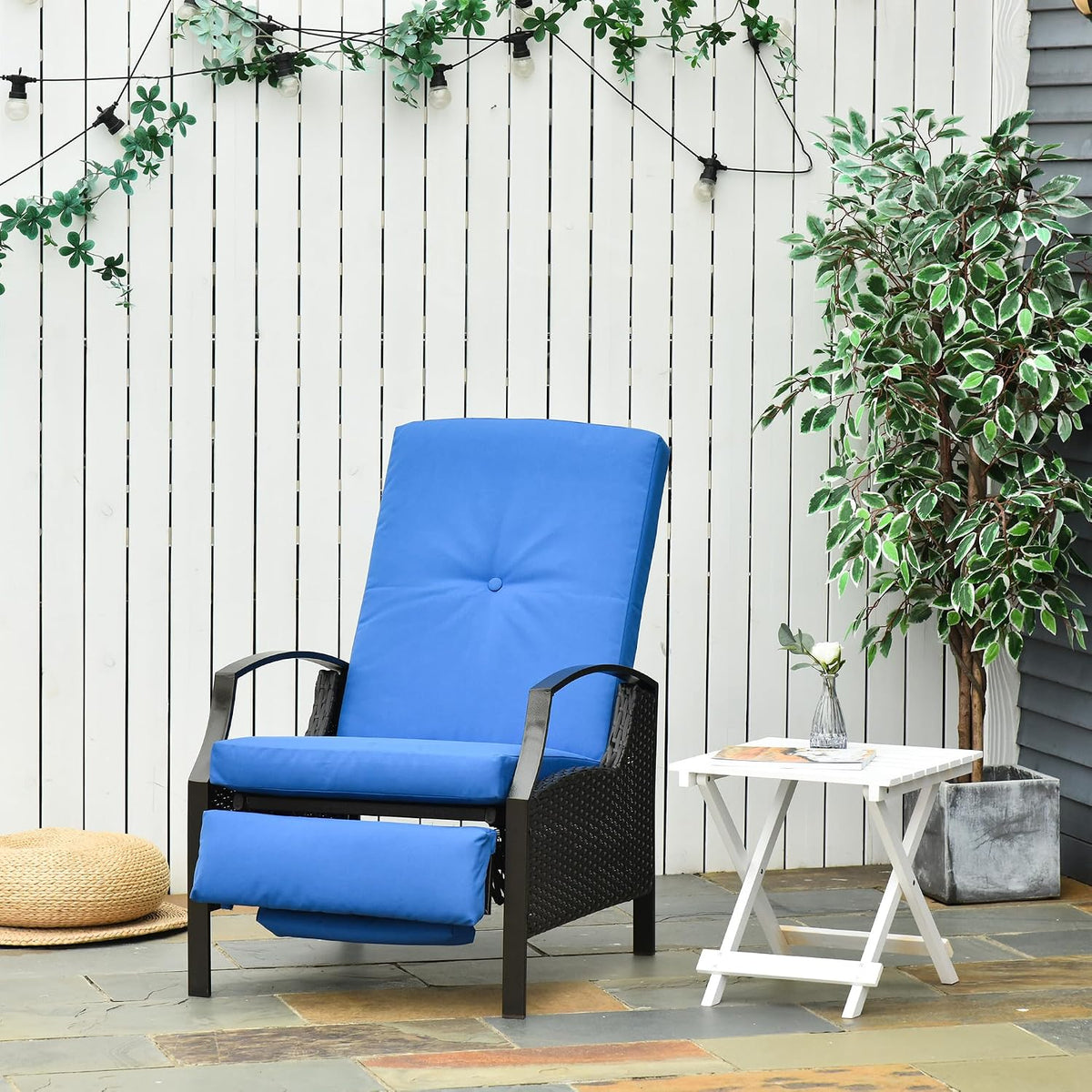 Outsunny Outdoor Recliner Chair, Reclining Patio Lounge Chair with Comfy Cushions, Footrest, Armrests, PE Wicker for Balcony, Porch, Blue