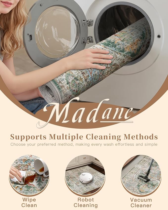 Madane Washable Area Rug 2x3, Small Entryway Rug Non-Slip Vintage Door Mat