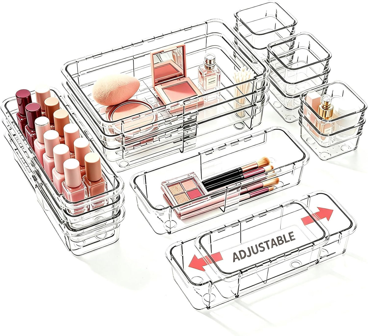 16 PCS Clear Drawer Organizer, Adjustable Drawer Storage Box, 3-Size Expandable Desk Drawer Organizer, Acrylic Storage Bins for Gadgets Storage, Kitchen Utensils, Cosmetics, and Bedroom Dressers