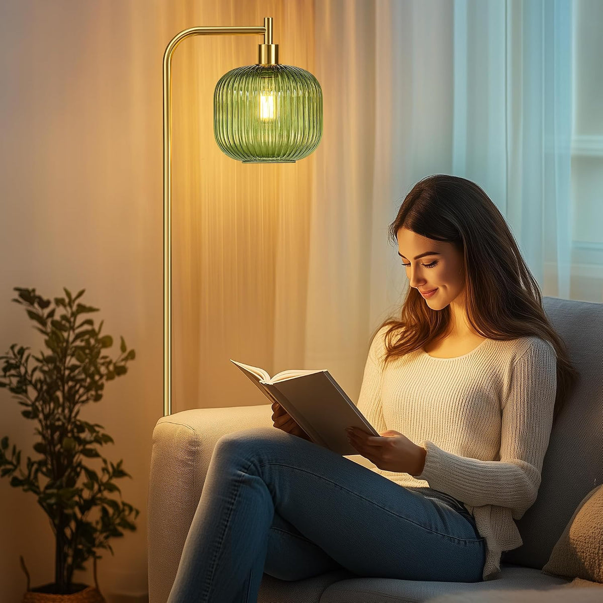 Modern Green Glass Floor Lamp for Living Room, Standing Lamp for Bedroom
