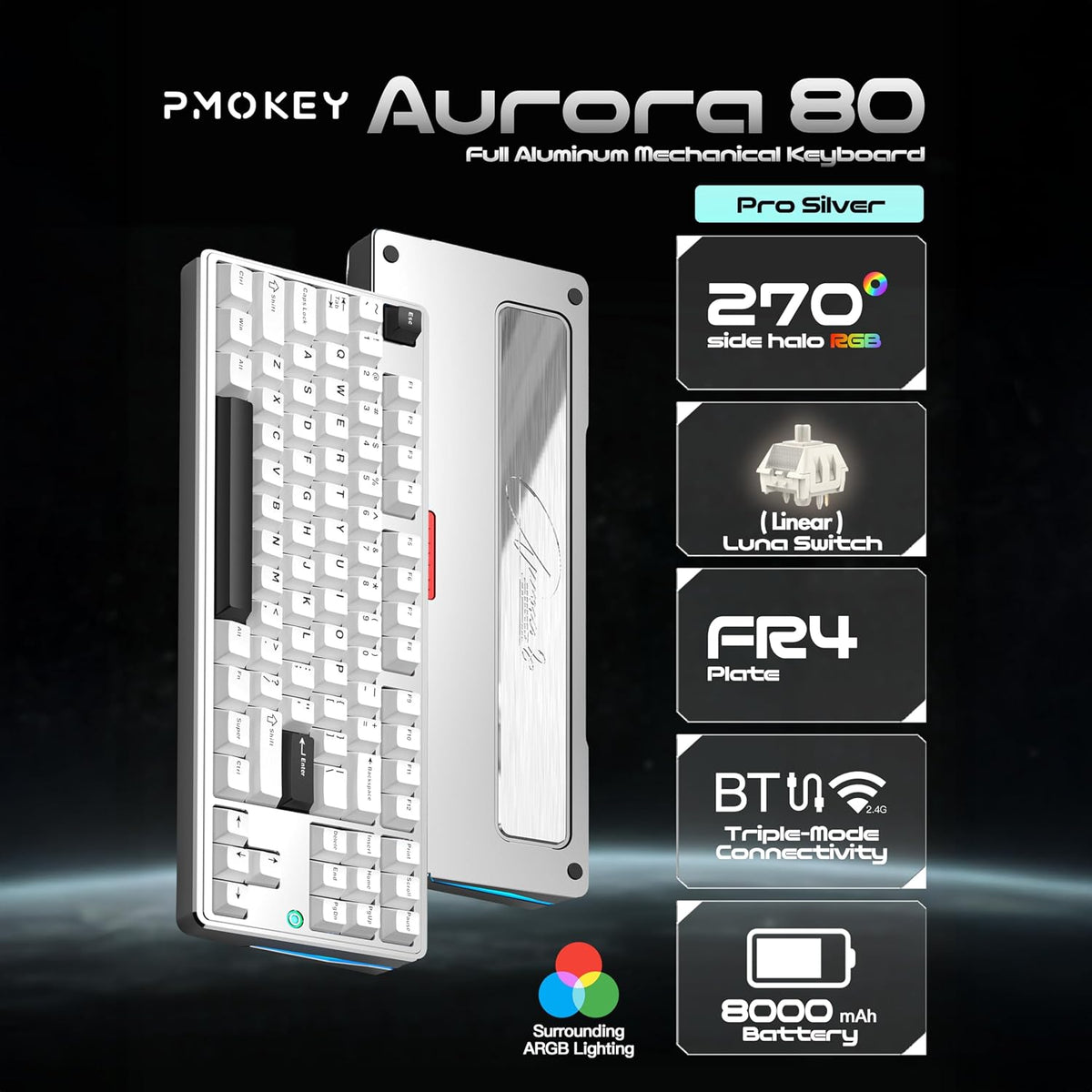 PMOKEY Aurora 80 CNC Full Aluminum Wireless Mechanical Keyboard with VIA/QMK, 8000mah Battery, Tri-Mode Wireless Gaming Keyboard Custom Hot Swappable RGB Backlit for Windows/Mac/PC (Pro Silver)