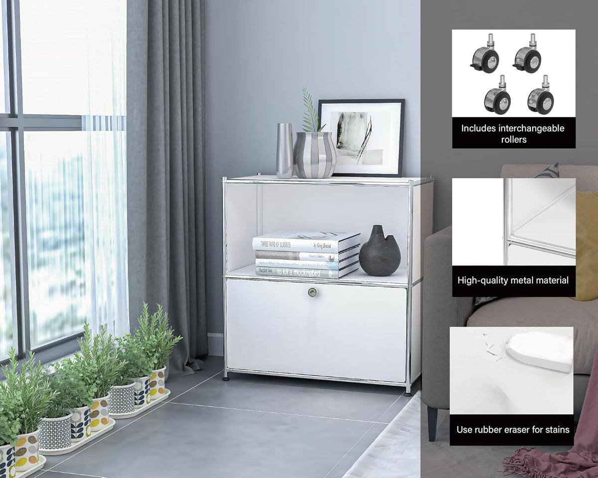 32.5-Inch Flip-Top Storage Cabinet with Detachable Wheels, Metal Side Table and Small Sideboard Cabinet for Living Room, Bedroom, Office, Matt White