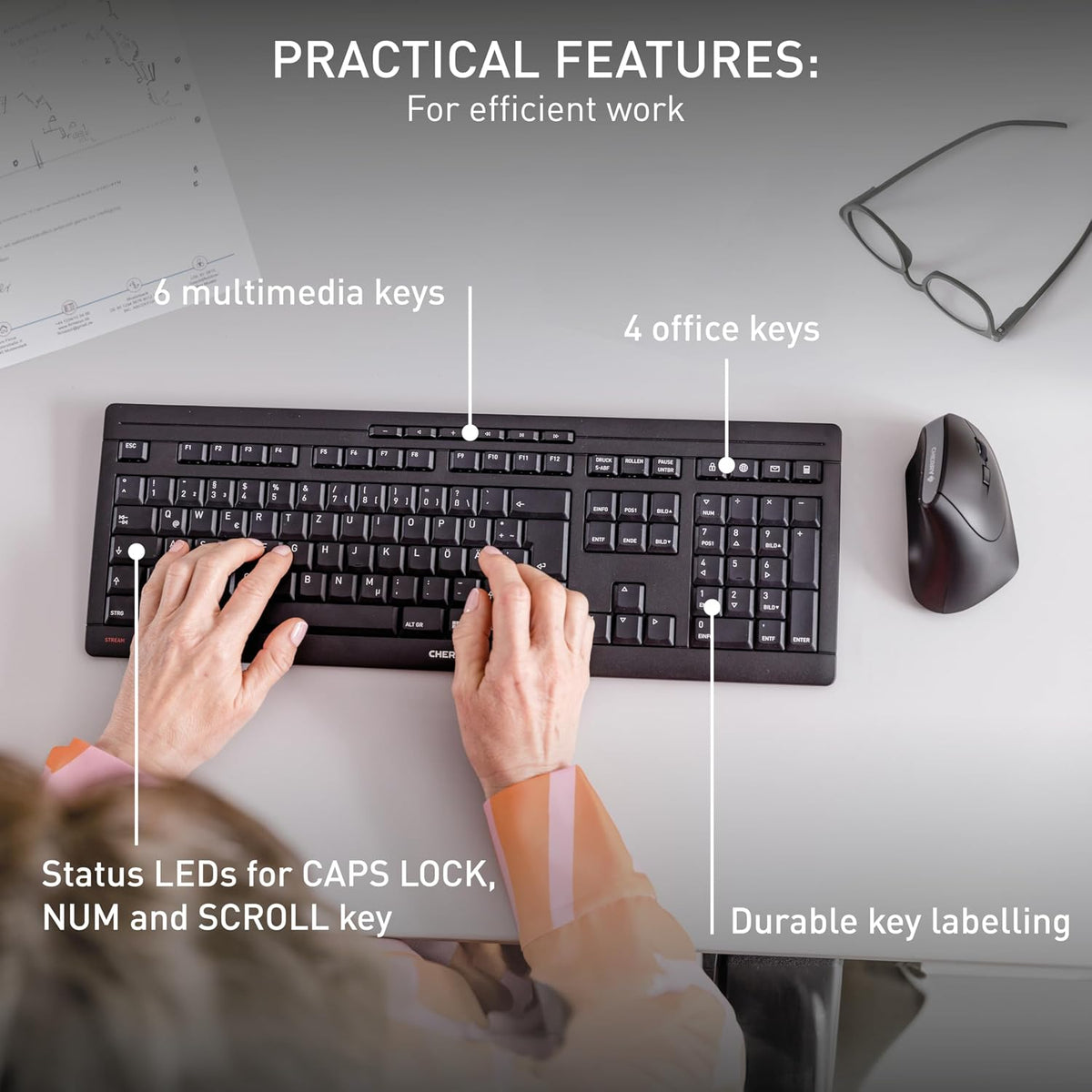 Cherry Stream Keyboard Wireless, Cordless Keyboard, 2,4 GHz Connection, Whisper Quiet Keys, Slim Design, Battery-Powered, SX Scissor Switches, QWERTY, Black