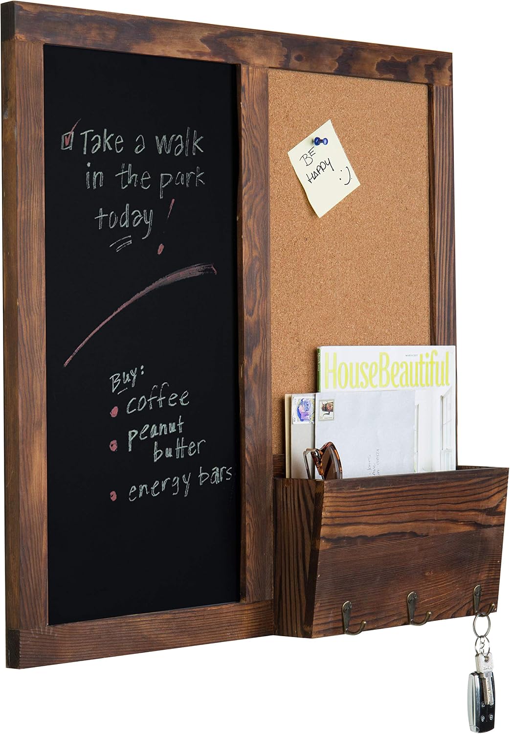 MyGift Rustic Dark Brown Wood Wall-Mounted Chalkboard with Cork Board, Mail Sorter, & Key Hooks