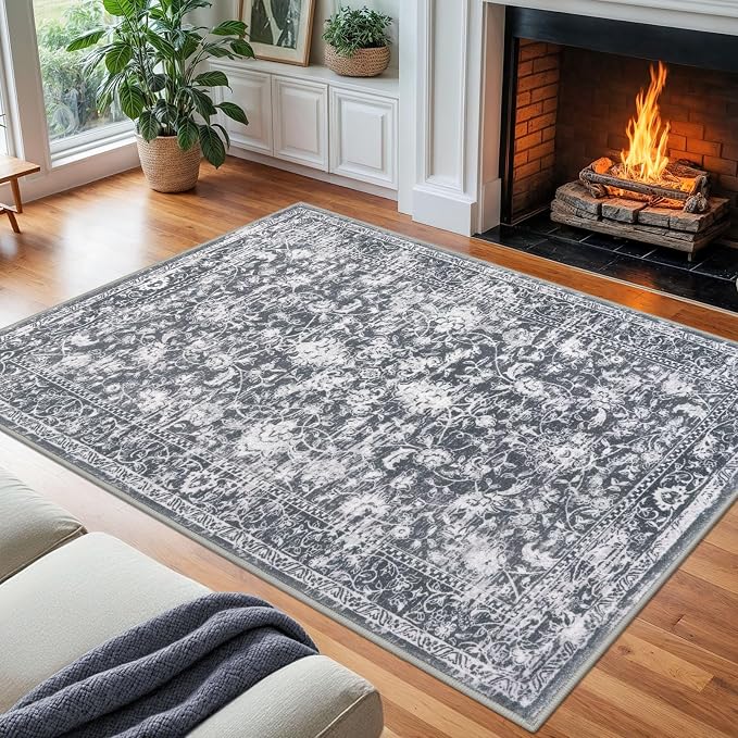 KILOCOCO Area Rug 8x10 Living Room Rug Washable Printed Vintage Floral Non Slip