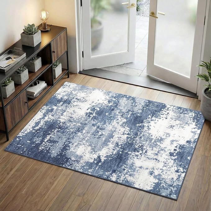Entryway Rug 3x5 Blue Door Mat Indoor Entrance 36x60, Washable Small Throw Rugs