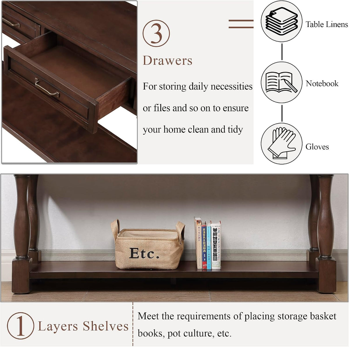 60inch Solid Wood Console Table with 3 Drawers and 1 Bottom Shelf Extra-Thick Sofa Table(Light Espresso)