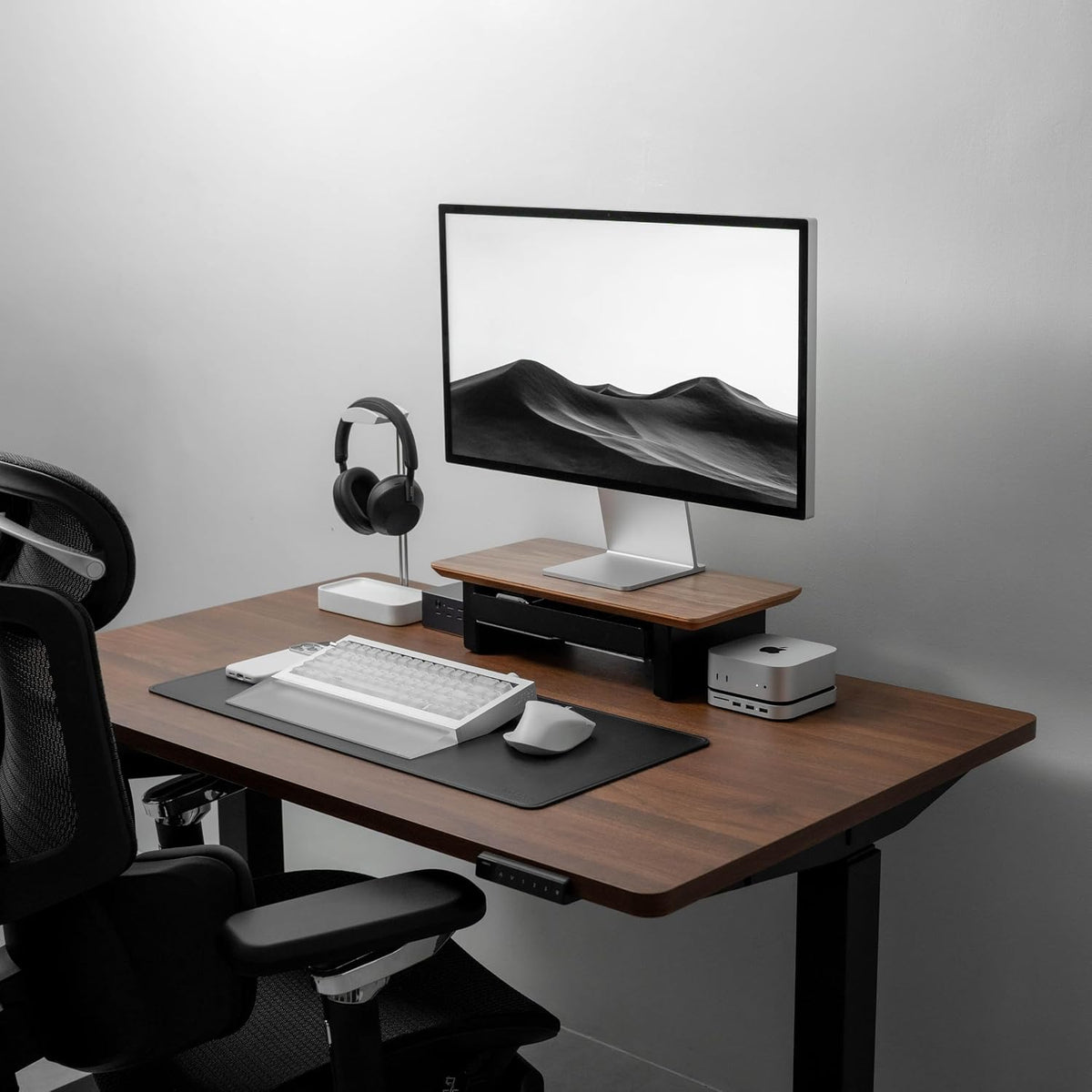 Raico Desk Shelf Mini Monitor Stand, Compact Walnut Wood Organiser, Small Desk Setup, Ergonomic Home Office Accessory (Walnut | 18.8 Inches)