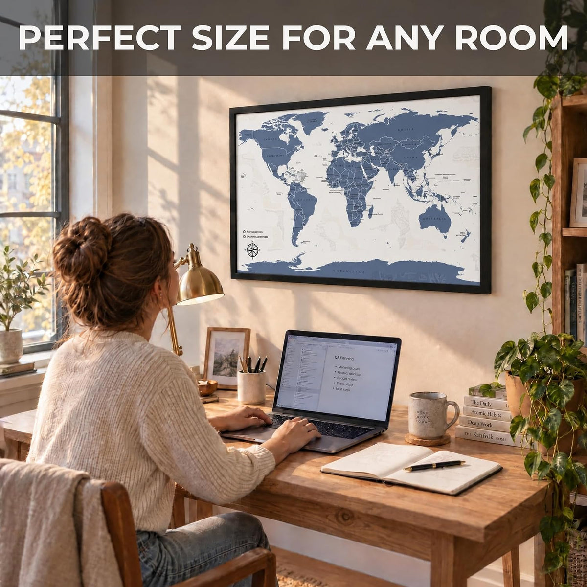 Large Push Pin World Travel Map – 30" x 20" Framed Cork Board Wall Art, Modern World Map with 200 Unique Pins for Tracking Adventures, A Premium Gift for Travelers, Couples and Families